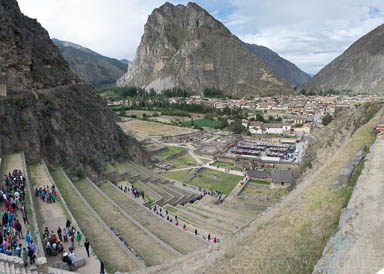 Wide angle shot of terraces and Pinkuylluna at Ollantaytambo